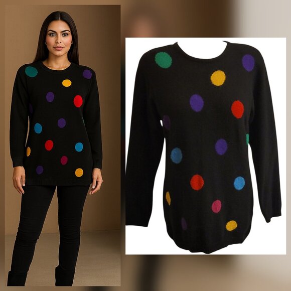 Vintage Petite Sophisticate Lambswool and Angora Polka Dot Long Black Sweater - Picture 2 of 9